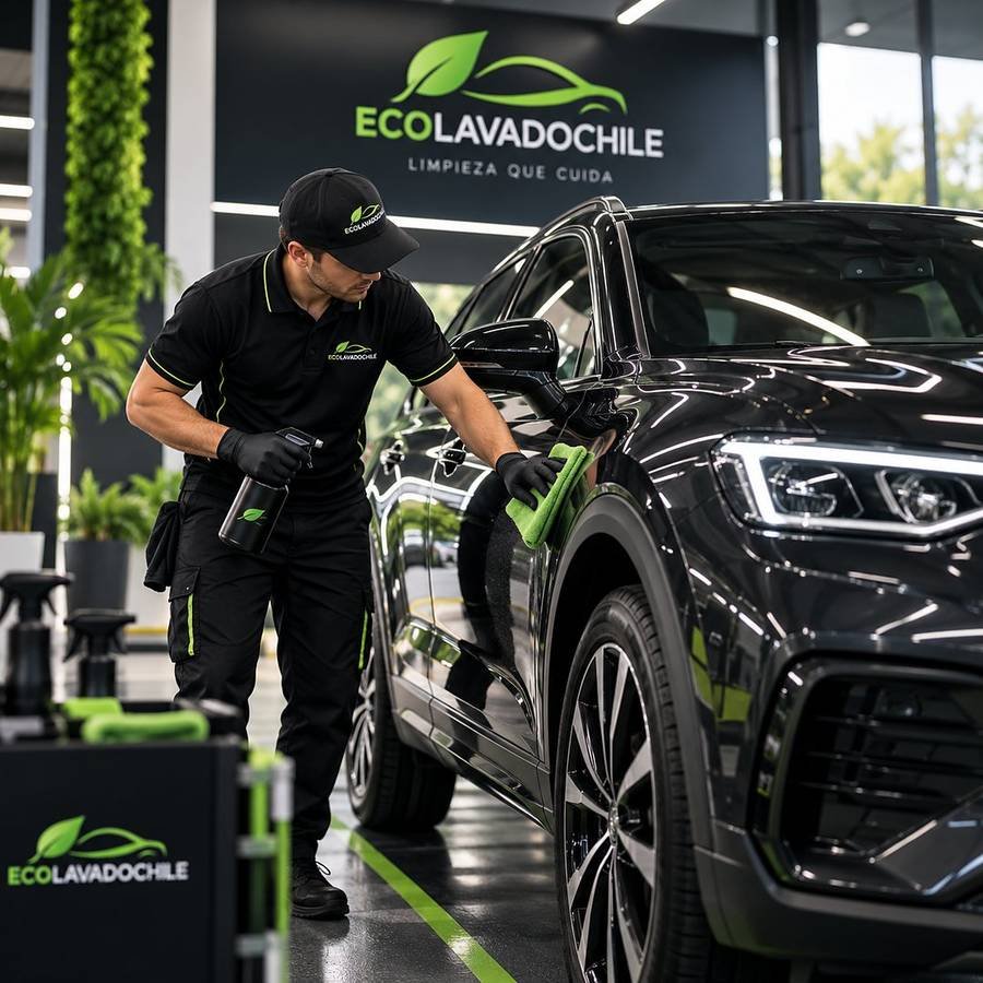 Operario de ECOLAVADO CHILE realizando lavado en seco de un vehículo estacionado